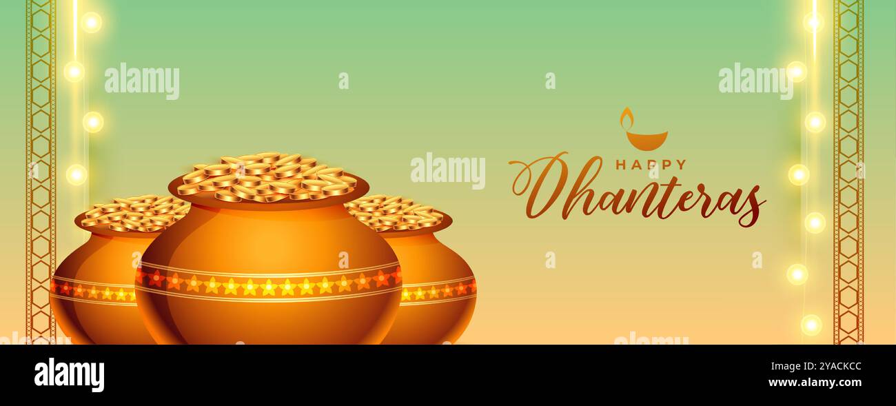 goldener Münztopf für glückliche Dhanteras religiöse Fahne Design Vektor Stock Vektor