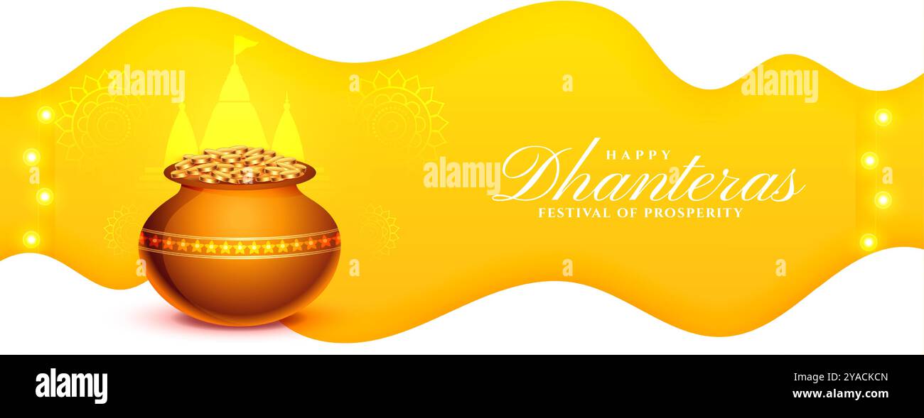 Fröhliche Dhanteras traditionelles Banner mit goldenem Topf für Shubh diwali Ritualvektor Stock Vektor