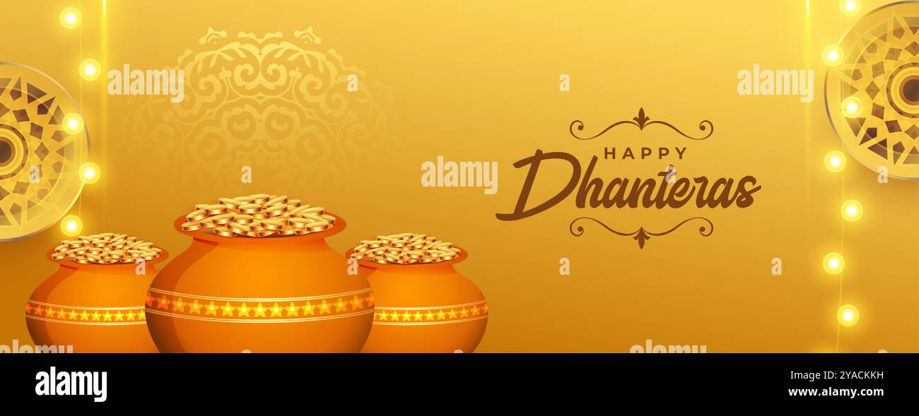 Premium Happy Dhanteras Grußbanner mit goldenem Topf und leuchtendem Lichtvektor Stock Vektor