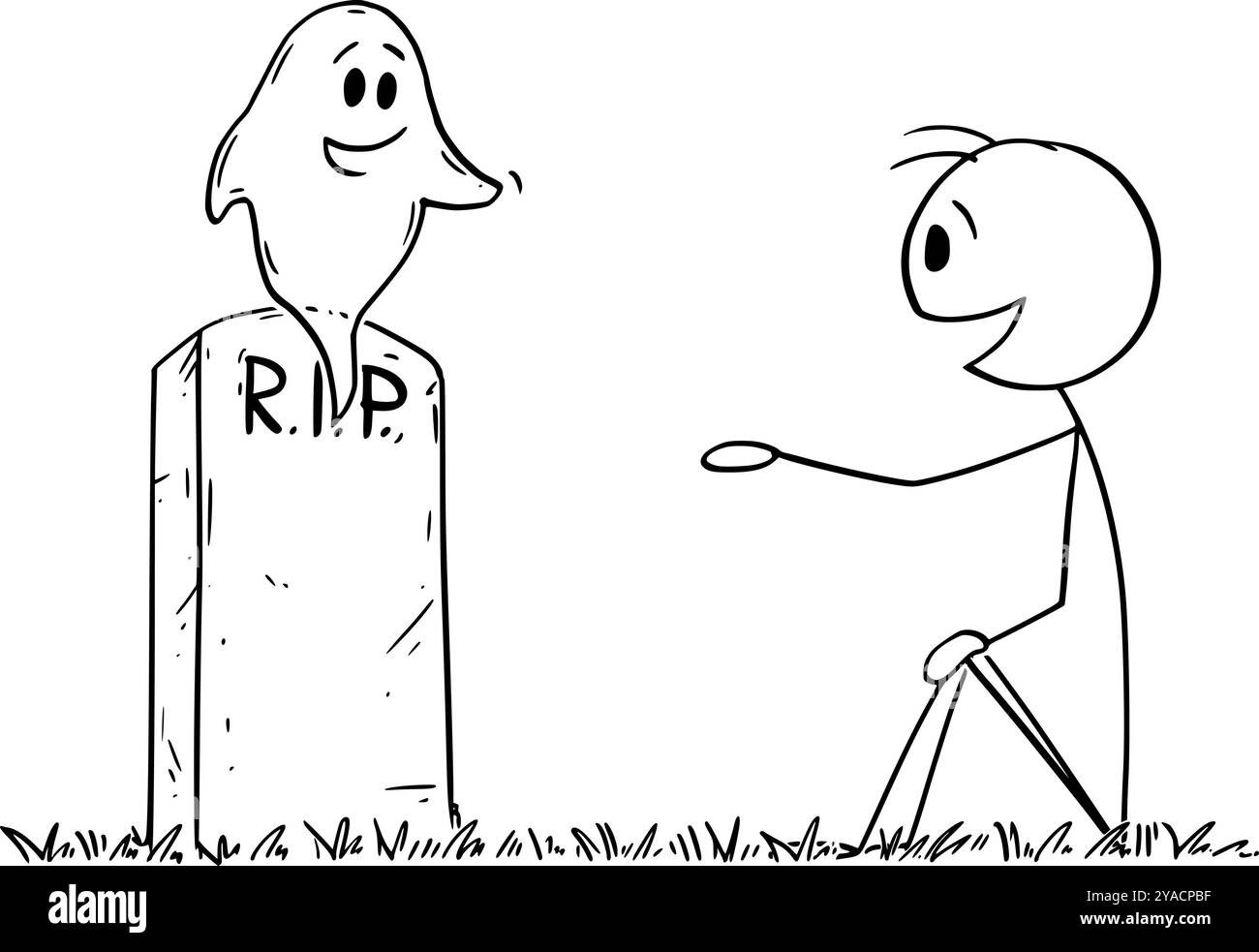 Person auf dem Friedhof, die mit Seele oder Geist, Vektor-Cartoon-Stabfigur oder Charakterillustration spricht. Stock Vektor