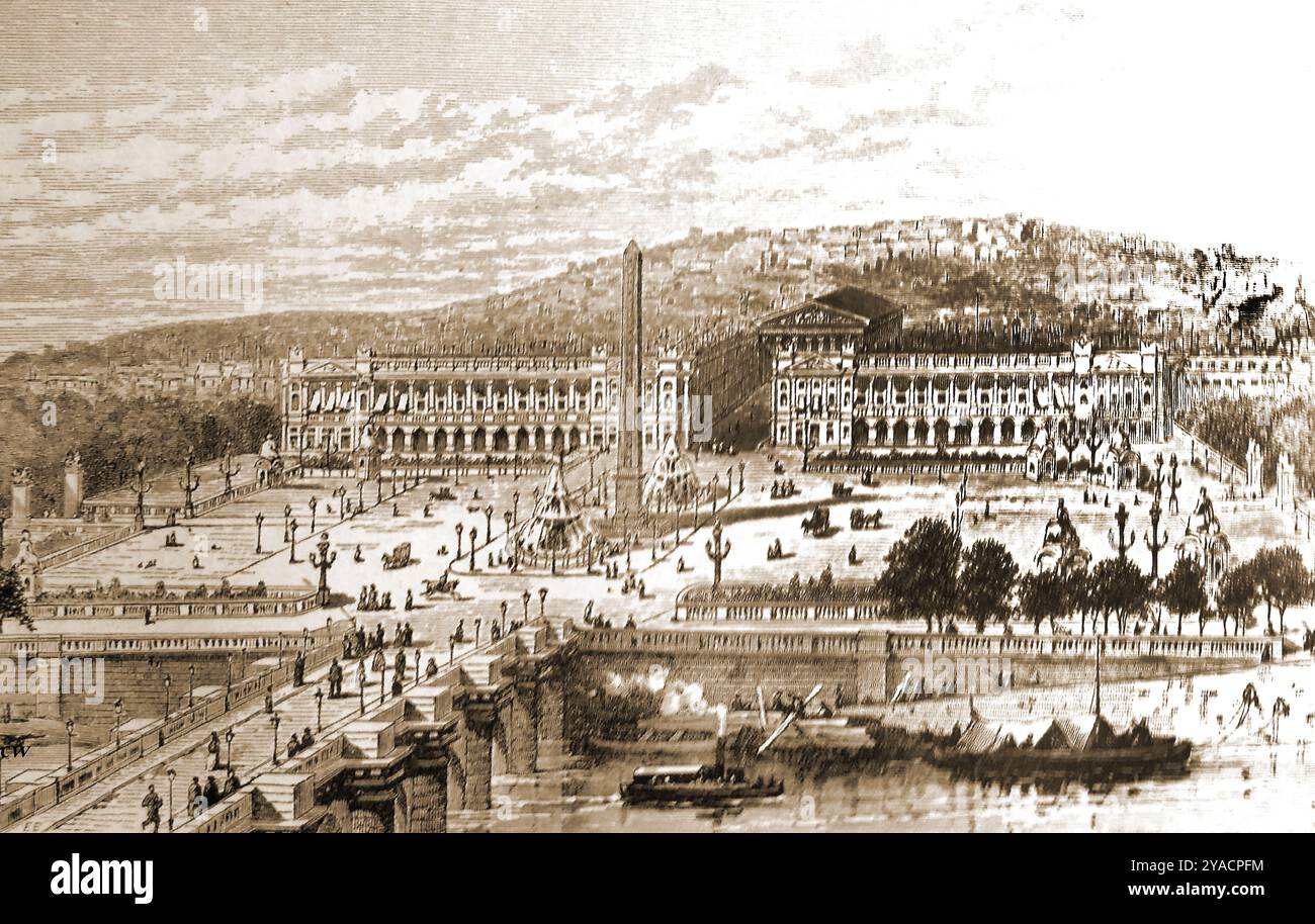 Eine Illustration des Place de Concorde & Montmartre (Paris, Frankreich) aus dem 19. Jahrhundert, dem größten Platz der französischen Hauptstadt. Der Bau begann 1757 und wurde 1772 abgeschlossen. Es war früher ein Ort der Hinrichtung. Der Platz erhielt seinen Namen 1795, wurde aber 1826 wieder zum Platz Ludwig XV. Nach der Juli-Revolution von 1830 nahm es seinen heutigen Namen erneut an.- Illustration du XIXe siècle de la Place de la Concorde et de Montmartre (Paris, Frankreich), la plus grande Place de la capitale francaise. La Construction a commencé en 1757 et s'EST achevée en 1772. Stockfoto