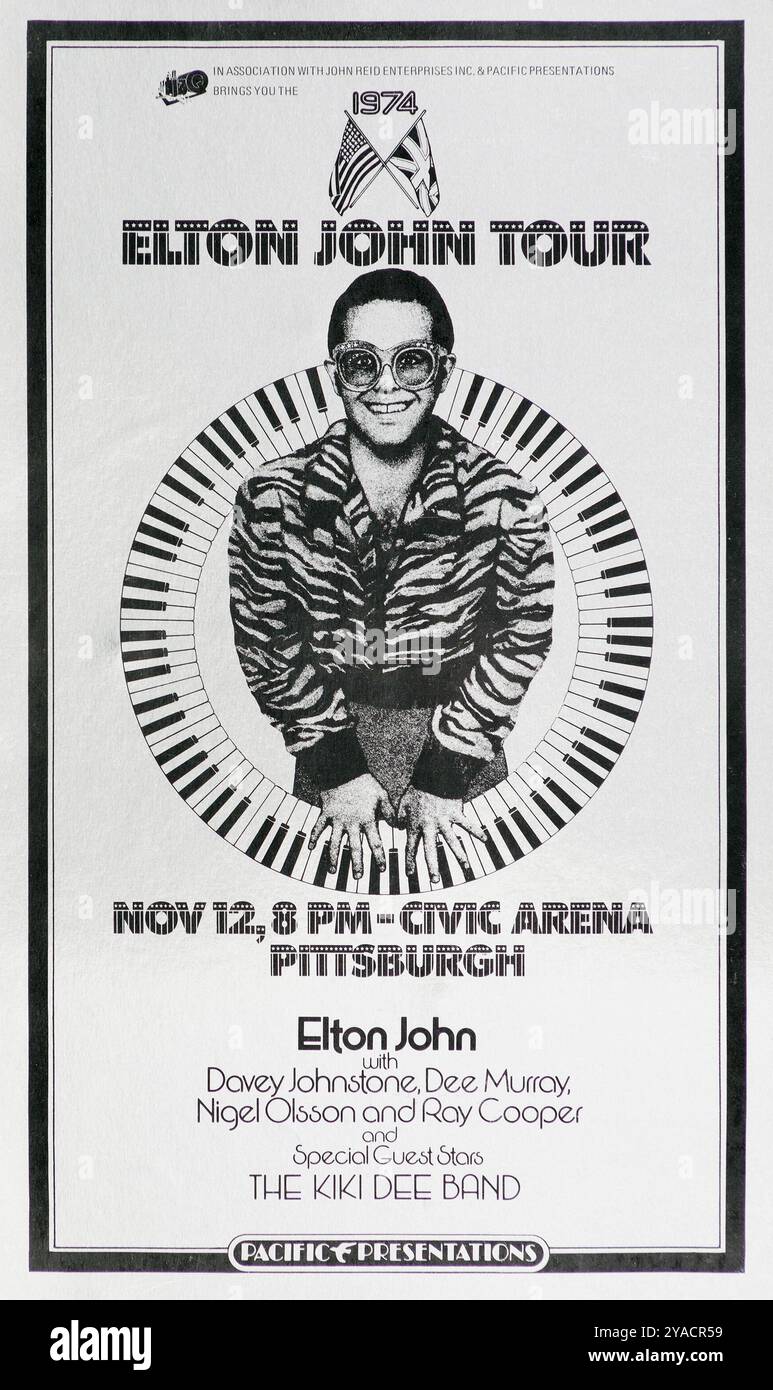 Elton John Tour 1974 Pittsburgh, Philadelphia Concert Poster - mit Davey Johnstone, Dee Murray, Nigel Olsson und Ray Cooper + The Kiki Dee Band Stockfoto