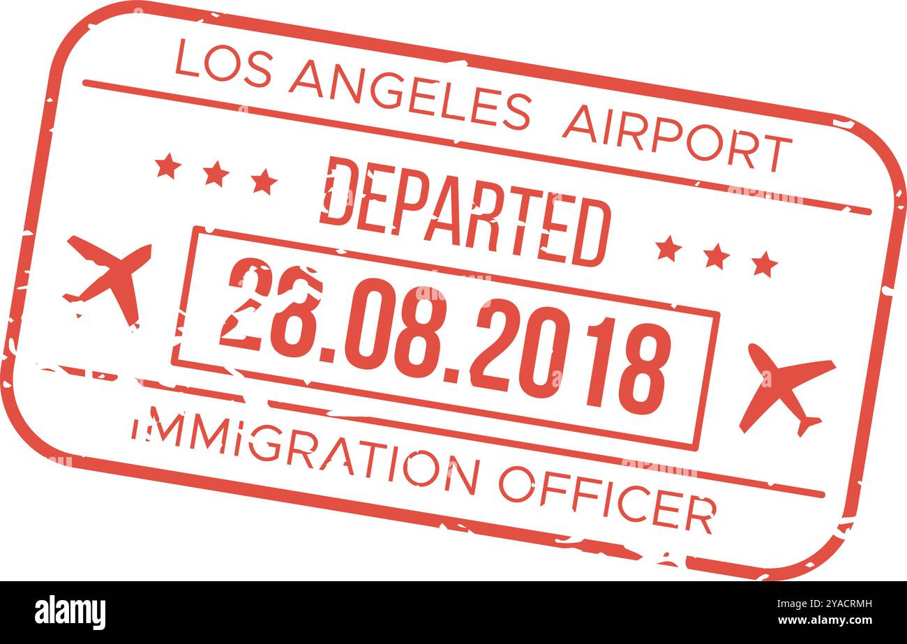 Ein gestempeltes Dokument vom Flughafen Los Angeles markiert eine Abreise am 26. August 2018, das die Einreisegenehmigung für Reisende, die das Land verlassen, anzeigt Stock Vektor
