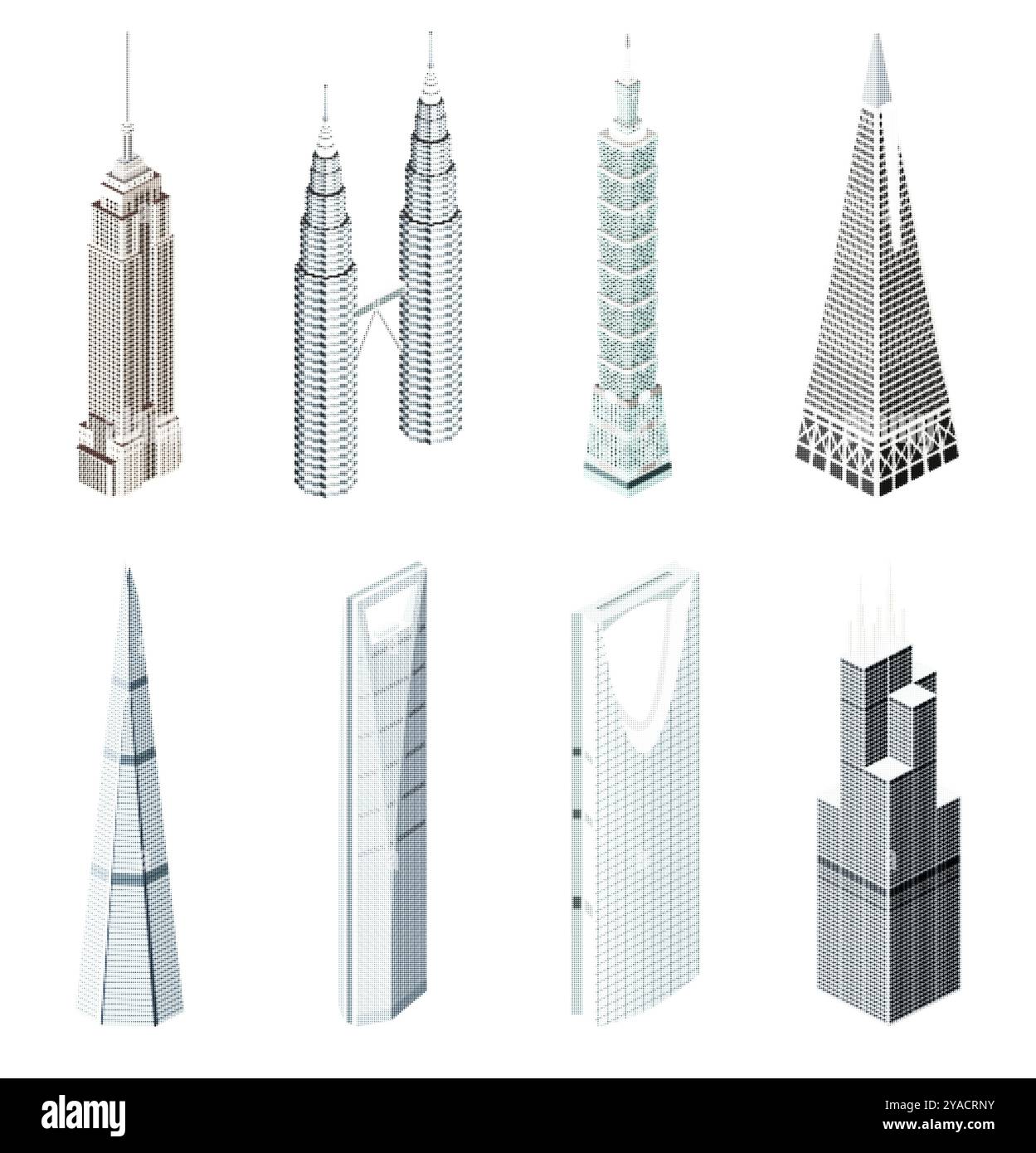 Halbtonsymbole berühmter Wolkenkratzer. Vintage- und Stempelstil. Vektorsatz Stock Vektor
