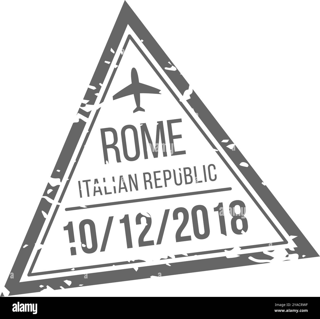 Ein Reisestempel zeigt das Datum des 12. Oktober 2018 zusammen mit dem Namen Rome und der Silhouette eines Flugzeugs, das die Reise nach Italien darstellt Stock Vektor