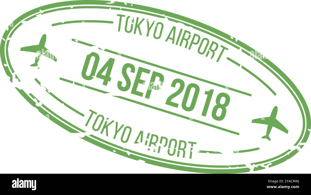 Dieses Design zeigt einen grünen Datumsstempel vom Flughafen Tokio mit dem 4. September 2018, der Flugzeugsilhouetten und Standortdetails veranschaulicht Stock Vektor
