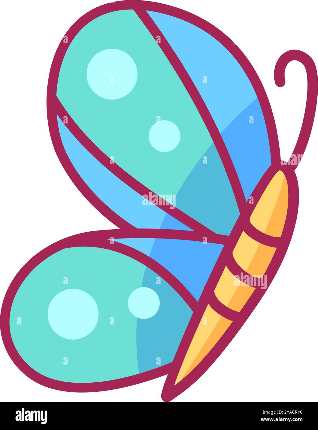 Ein lebendiger KarikaturSchmetterling mit großen blauen Flügeln mit abgerundeten Formen und gelben Akzenten, geeignet für Kinderbücher oder Lehrbücher Stock Vektor