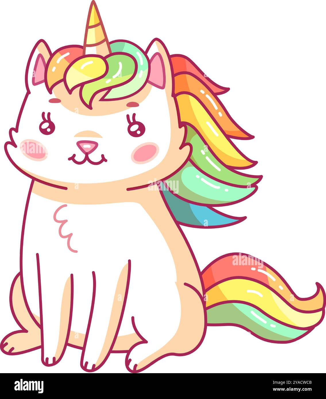 Eine fröhliche Zeichentrickkatze mit einer bunten Regenbogenmähne und einem Einhornhorn sitzt glücklich. Sein verspielter Ausdruck erhellt die Atmosphäre und lädt zum Lächeln ein Stock Vektor