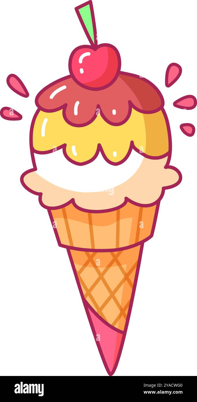 Ein lebendiger Eisbecher mit einer Hochglanzkirsche sitzt in einer Waffelschale. Der weiche Servierteller ist mit leuchtendem Gelb und Braun überzogen und lädt zu einem ein Stock Vektor