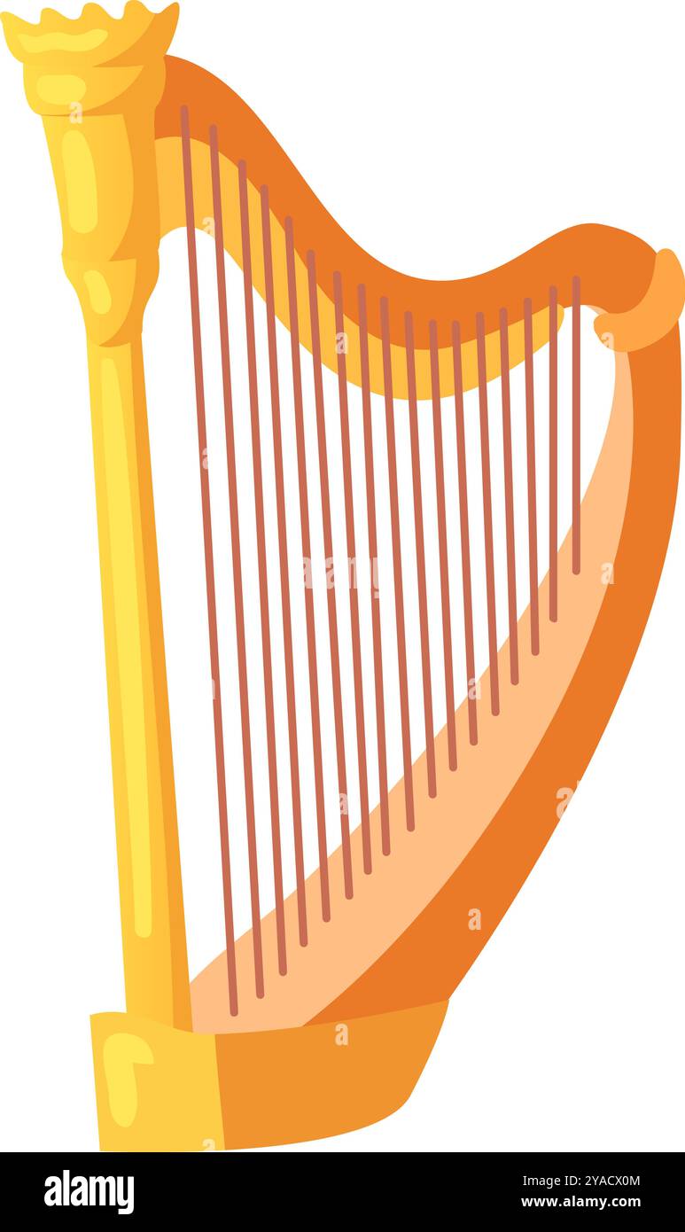Eine wunderschön gestaltete goldene Harfe steht hoch mit zahlreichen Saiten, die im Licht schimmern und eine lebendige musikalische Atmosphäre schaffen Stock Vektor