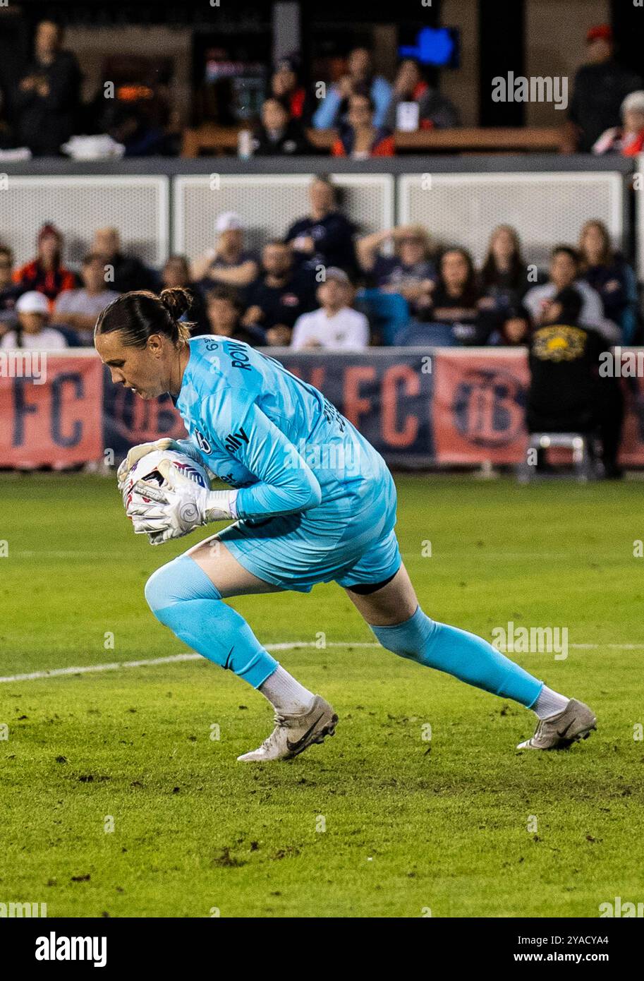 12. Oktober 2024 San Jose, CA USA Bay FC Torhüter Katelyn Rowland (0) schützt die Tore während des NWSL-Spiels zwischen Kansas City Current und Bay FC. Kansas Beat Bay FC 1-0 im Pay PAL Park San Jose Kalifornien Thurman James/CSM Stockfoto