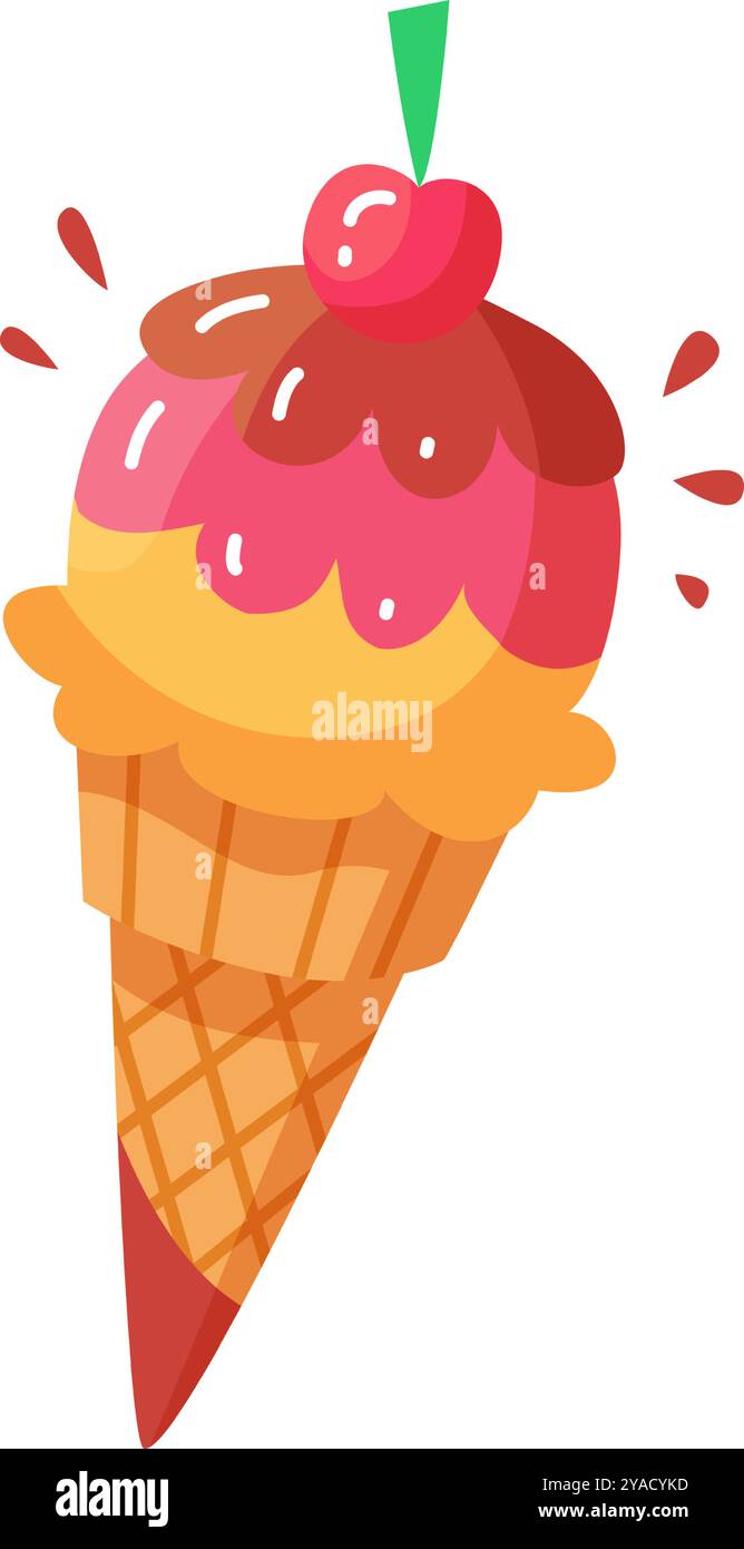 Ein köstlicher Eisbecher bietet drei helle Aromen und eine Kirsche, die perfekt für einen Sommergenuss an einem sonnigen Tag ist Stock Vektor