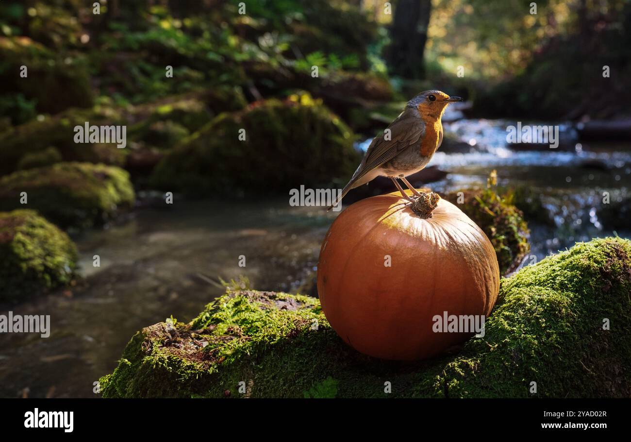 Robin Red brest sitzt auf einem Kürbis im Wald bei einem Bach halloween Fall Stockfoto