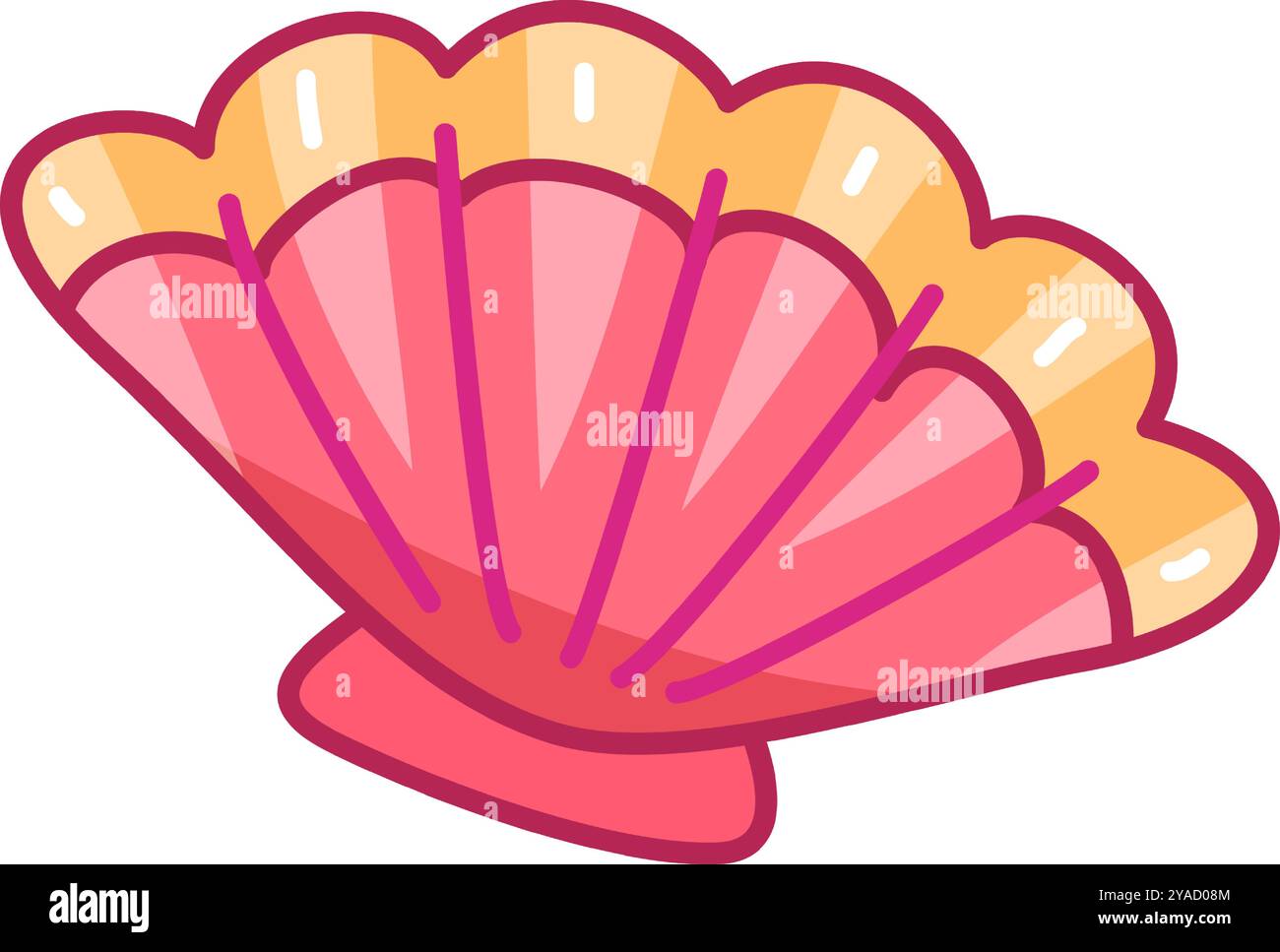 Die Abbildung zeigt eine Muschelschale in leuchtenden Rosa- und Gelbtönen mit detaillierten Linien und einer glatten Oberfläche. Der Hintergrund ist schlicht weiß Stock Vektor