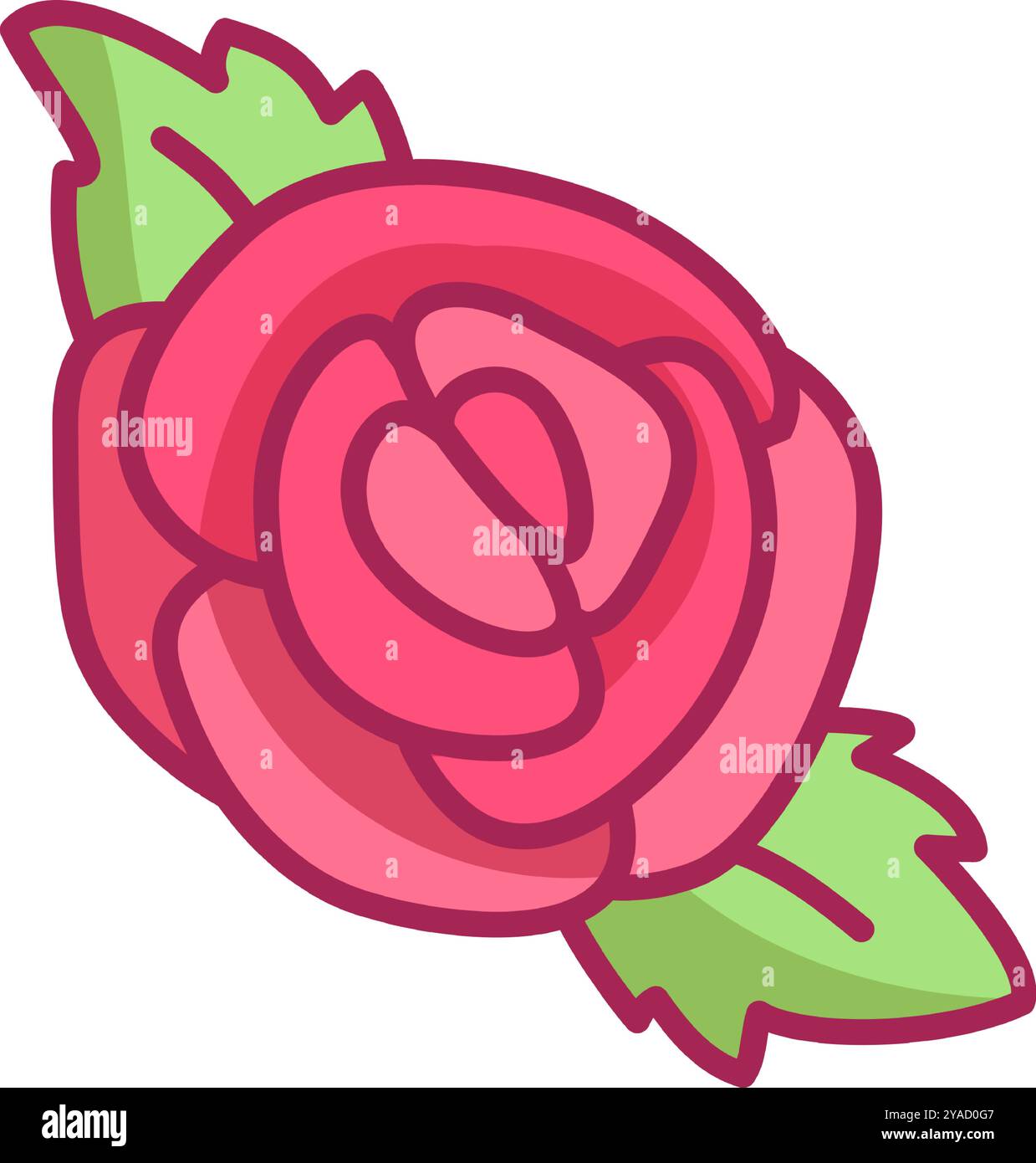 Diese Illustration zeigt eine wunderschön gestaltete rosa Rose mit üppig grünen Blättern, ideal für Blumenprojekte oder kreative Designs Stock Vektor