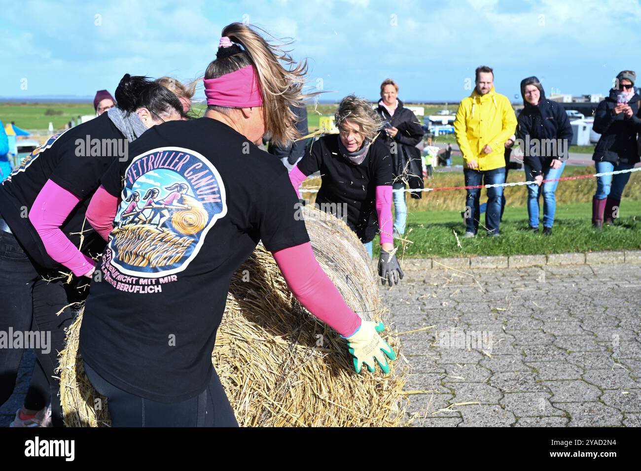 Dornumersiel, Deutschland. Oktober 2024. Der Strohballen wird von einem Frauenteam in den Deich gerollt. Zahlreiche Zuschauer sehen die 13. Ostfriesische Strohballenrollmeisterschaft, bei der Männer, Frauen und gemischte Teams um den Titel „Straw Bale Rolling Champion 2024“ kämpfen. Quelle: Lars Penning/dpa/Alamy Live News Stockfoto