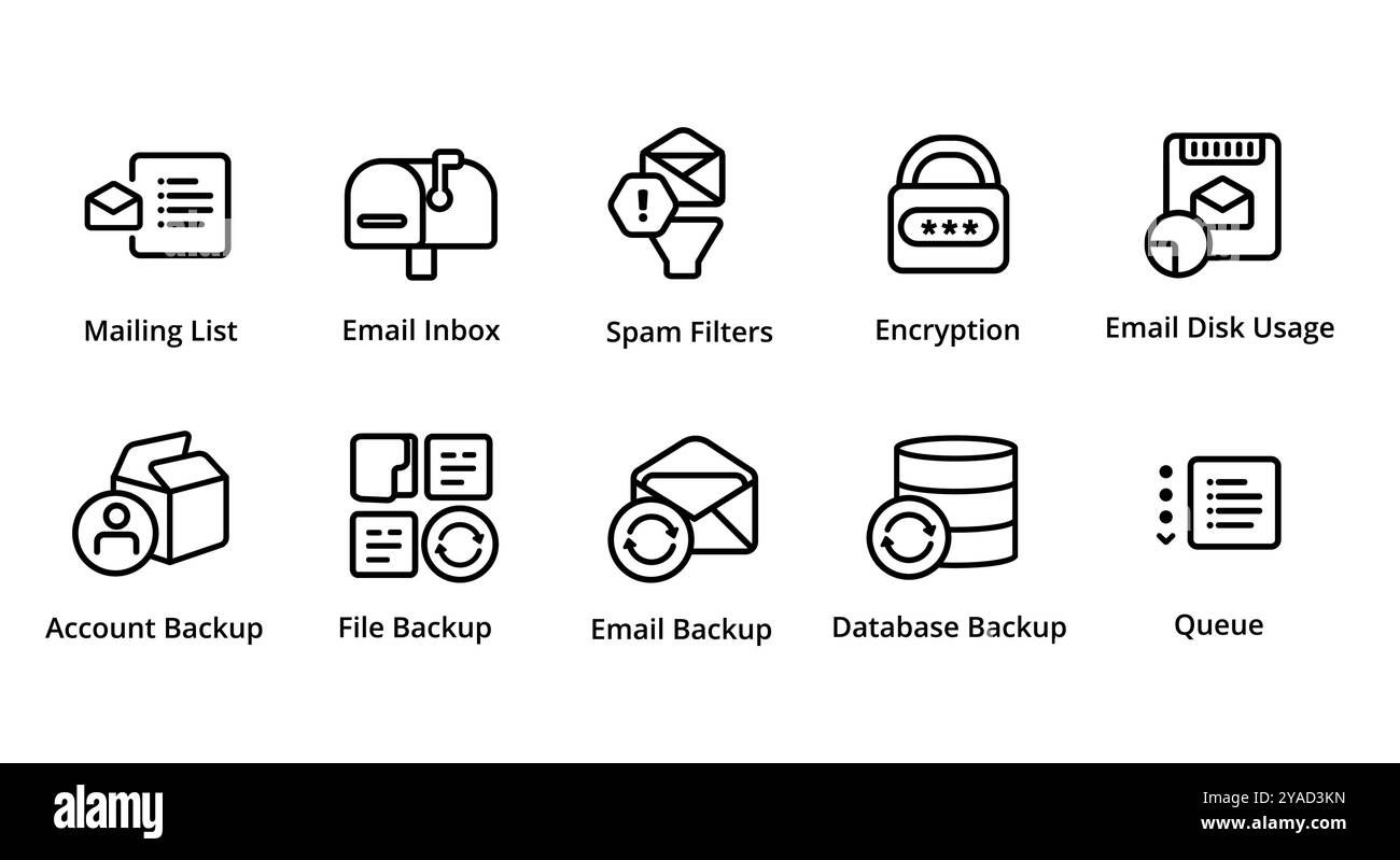 Mailbox E-Mail-Filter Spam-Datei Backup Datenträgerverwendung Symbol Sammlung Set Vektorgrafik Abbildung Webhosting Server Management Tools Stock Vektor