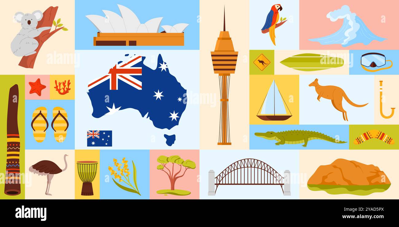 Vektor-Illustration mit Schlüsselsymbolen der australischen Kultur, Tierwelt und berühmten Wahrzeichen. Spiegelt die nationale Identität und das Erbe Australiens wider. Stock Vektor