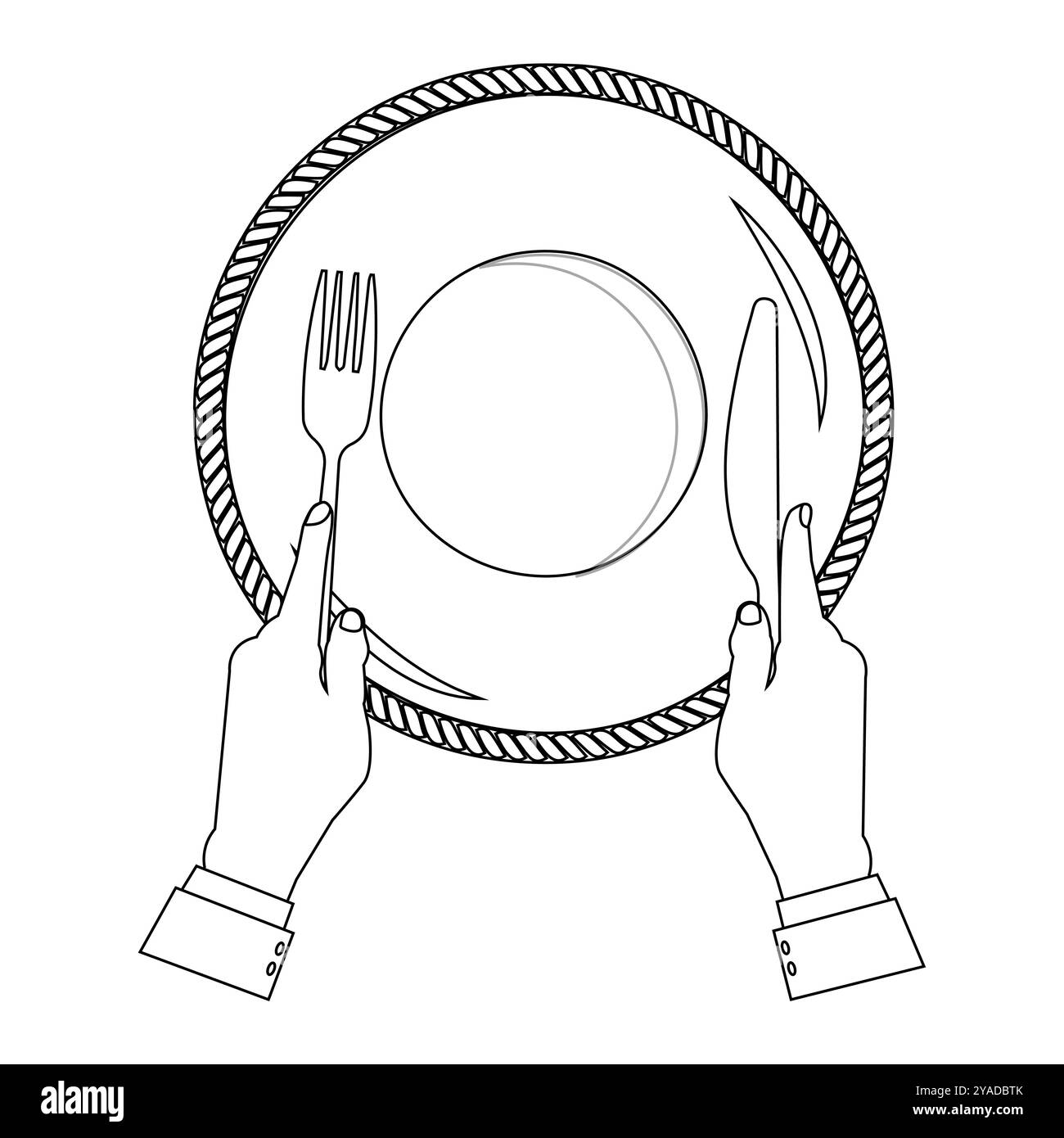 Outline Hands halten Besteck mit leerem Teller, geeignet für ein Malbuch. Das Liniendesign ist schlicht und doch elegant und sorgt für ein Farberlebnis Stock Vektor
