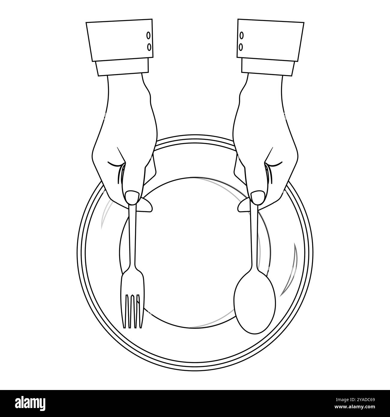 Outline Hands halten Besteck mit leerem Teller, geeignet für ein Malbuch. Das Liniendesign ist schlicht und doch elegant und sorgt für ein Farberlebnis Stock Vektor