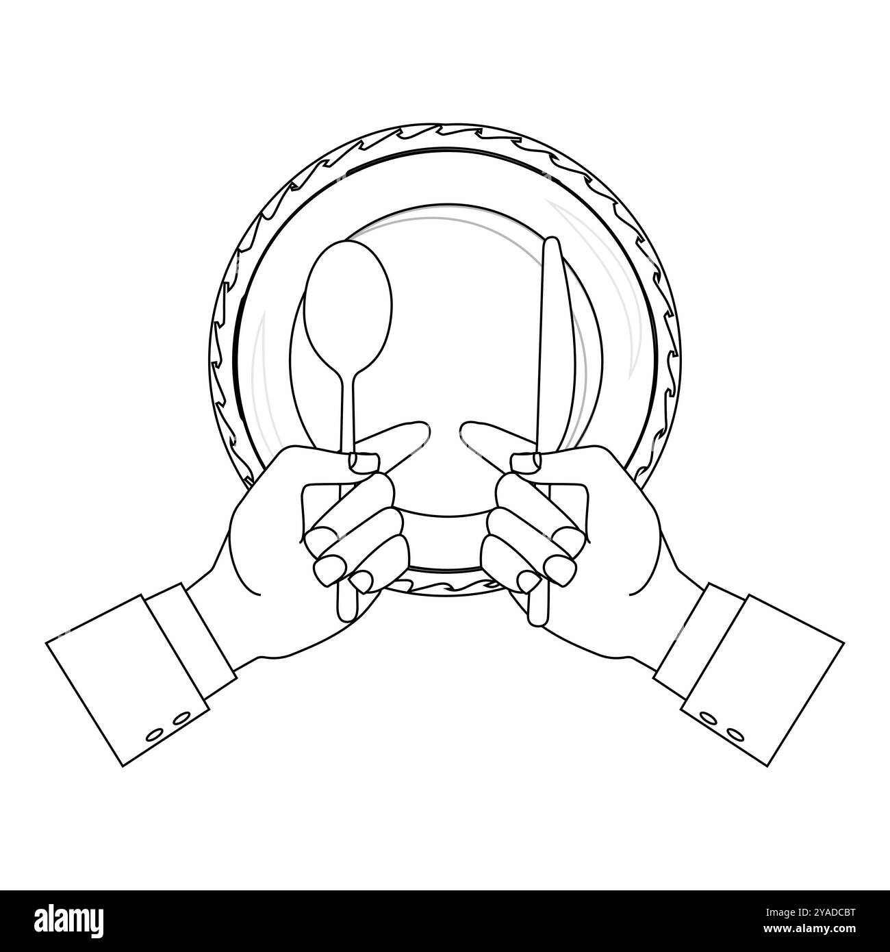 Outline Hands halten Besteck mit leerem Teller, geeignet für ein Malbuch. Das Liniendesign ist schlicht und doch elegant und sorgt für ein Farberlebnis Stock Vektor