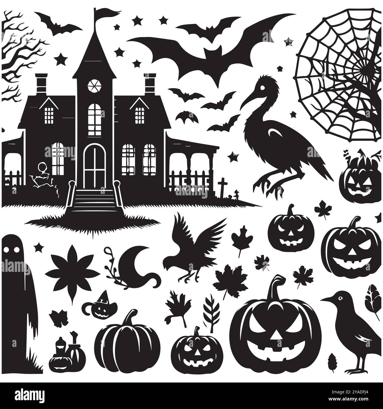 Schwarze Silhouetten von Halloween-Symbolen mit ikonischen Bildern wie Fledermäusen, Kürbissen und gruseligen Figuren. Stock Vektor