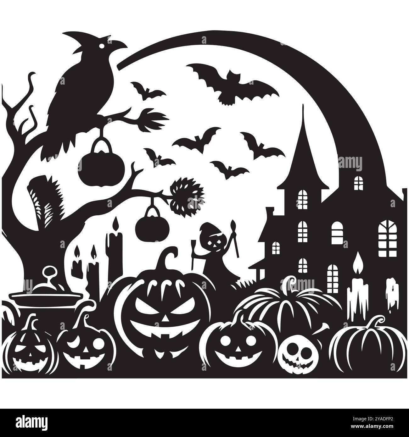 Schwarze Silhouetten von Halloween-Symbolen mit ikonischen Bildern wie Fledermäusen, Kürbissen und gruseligen Figuren. Stock Vektor