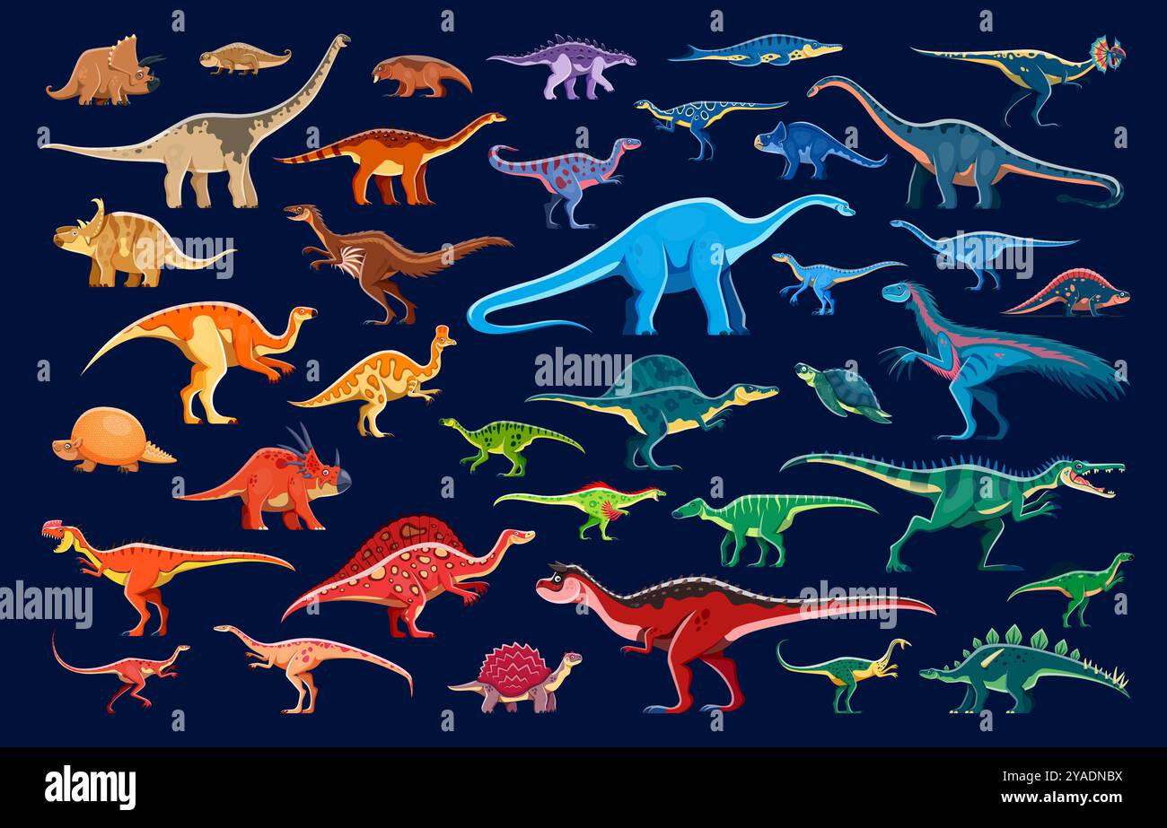 Prähistorische Dinosaurier und Reptilien Zeichentrickfiguren. Nette Farbe jurassic Dino Tiere Vektor Hintergrund mit triceratops, Lotosaurus, Glyptodon. Ausgestorbener Karnotaurus, Raptor und archelon-Dinosaurier Stock Vektor