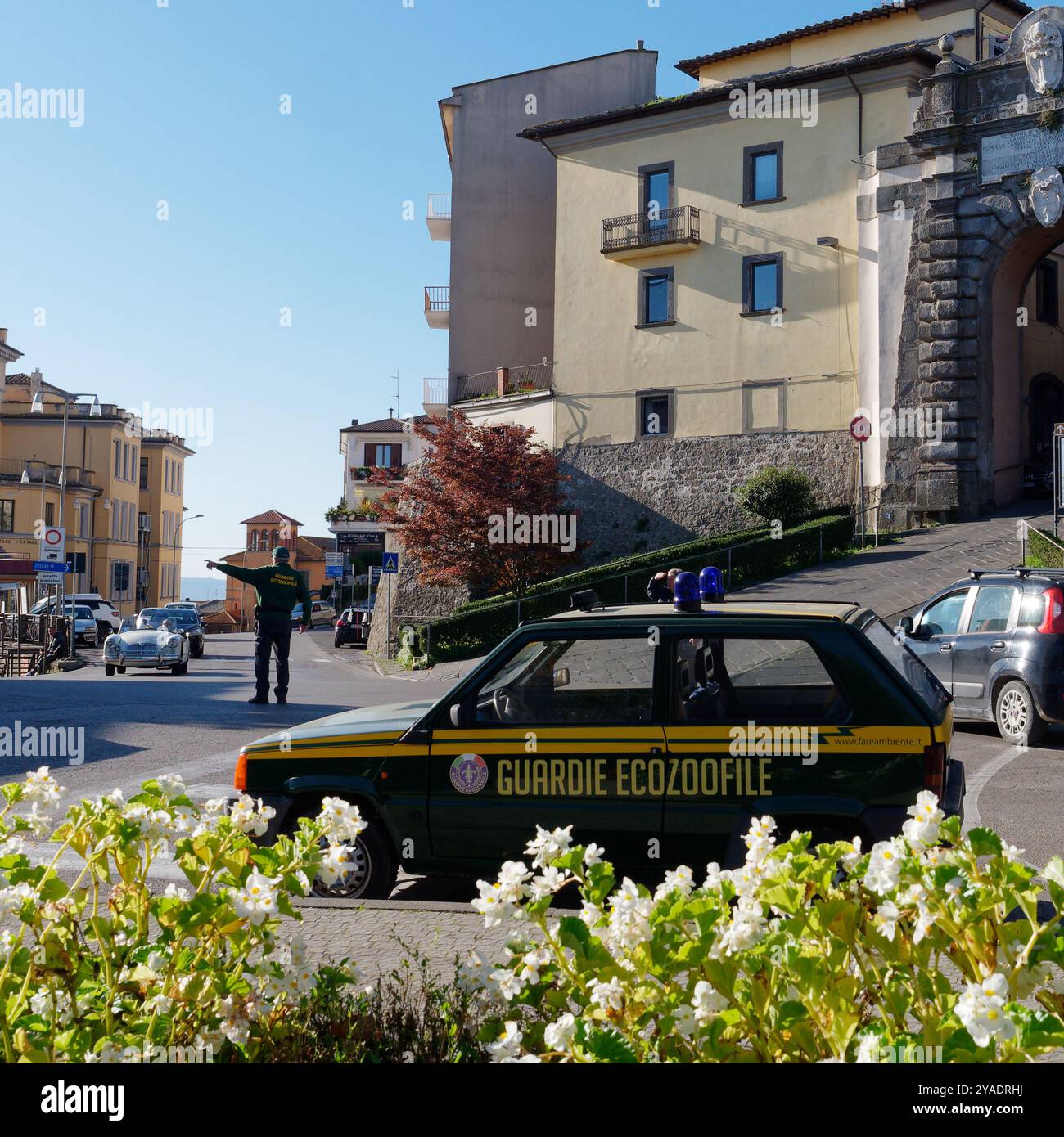 Mann, der den Verkehr vor einer Veranstaltung neben dem Stadttor im historischen Zentrum von Montefiascone, Italien, leitet. Oktober 2024 Stockfoto