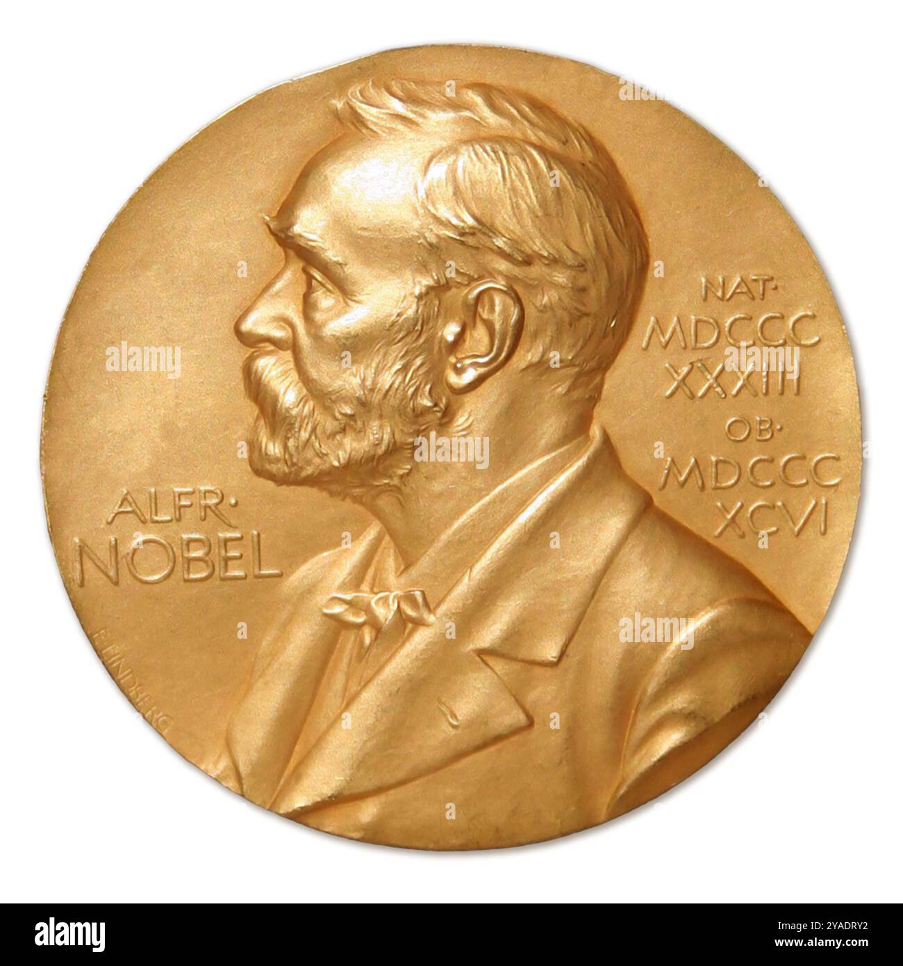 Alfred Nobel - die goldene Nobelpreismedaille für die Nobelpreisträger Chemie, Literatur, Frieden, Physik und Physiologie oder Medizin seit 1901 - weißer Hintergrund Stockfoto