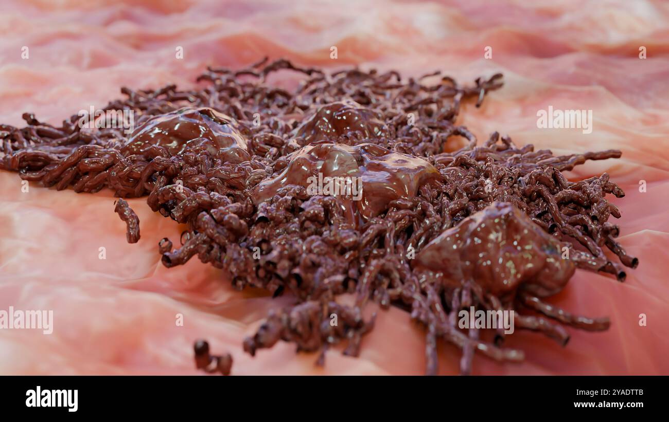 Unkontrolliertes Wachstum von Krebszellen über Gewebe, Tumorinfektionszellen und Ausbreitung, invasive Entzündungsmetastasen krebserregend. Durch Duplikate reproduzieren Stockfoto