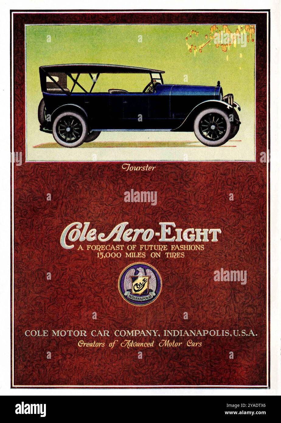 Tourster. Werbung aus dem Pamphlet „Vogue in Motor Cars, 1920: There is a Touch of Tomorrow in All Cole Does Today“ von der Cole Motor Car Company in Indianapolis, Indiana. 1920 Stockfoto