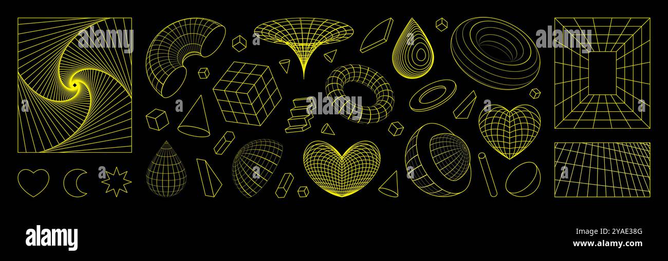 Y2K-Formen. 3D-Retro-Grafiken. Linie Herz. Kugel und Wirbel. Aufkleber mit Rastermusterelementen. Retro-Tech Drahtmodelloberfläche. Coole Geometrie Kunst. Abstrakte Cyber-Line-Sphäre. Vektorsymbole festgelegt Stock Vektor