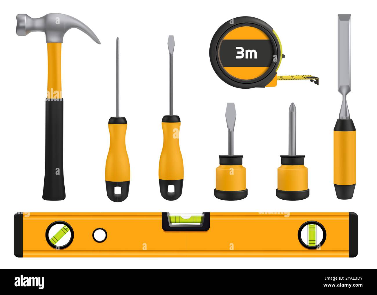 Reparaturwerkzeuge. Zimmermannsinstrument. 3D-Hammer und Lineal. Bauschlüssel. Stahlschraubendreher und Säge. Werkzeugkasten für Metallschlüssel und Bohrer. Baumaschinen. Builder Helm. Vektor-Workshop-Set Stock Vektor
