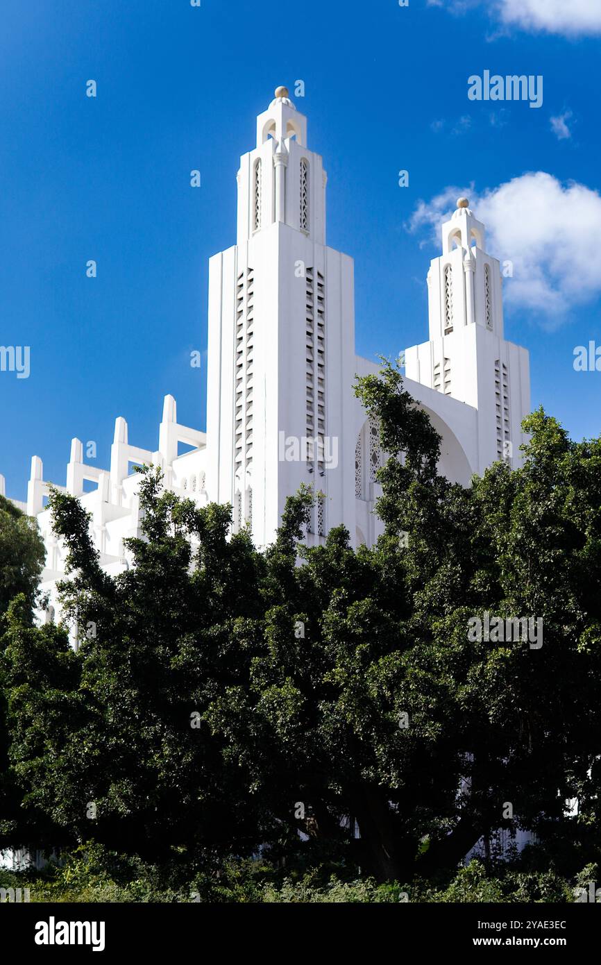 Eine wunderschöne weiße Kathedrale mit komplizierten architektonischen Details, vor einem teilweise bewölkten blauen Himmel und umgeben von üppigen grünen Palmen Stockfoto