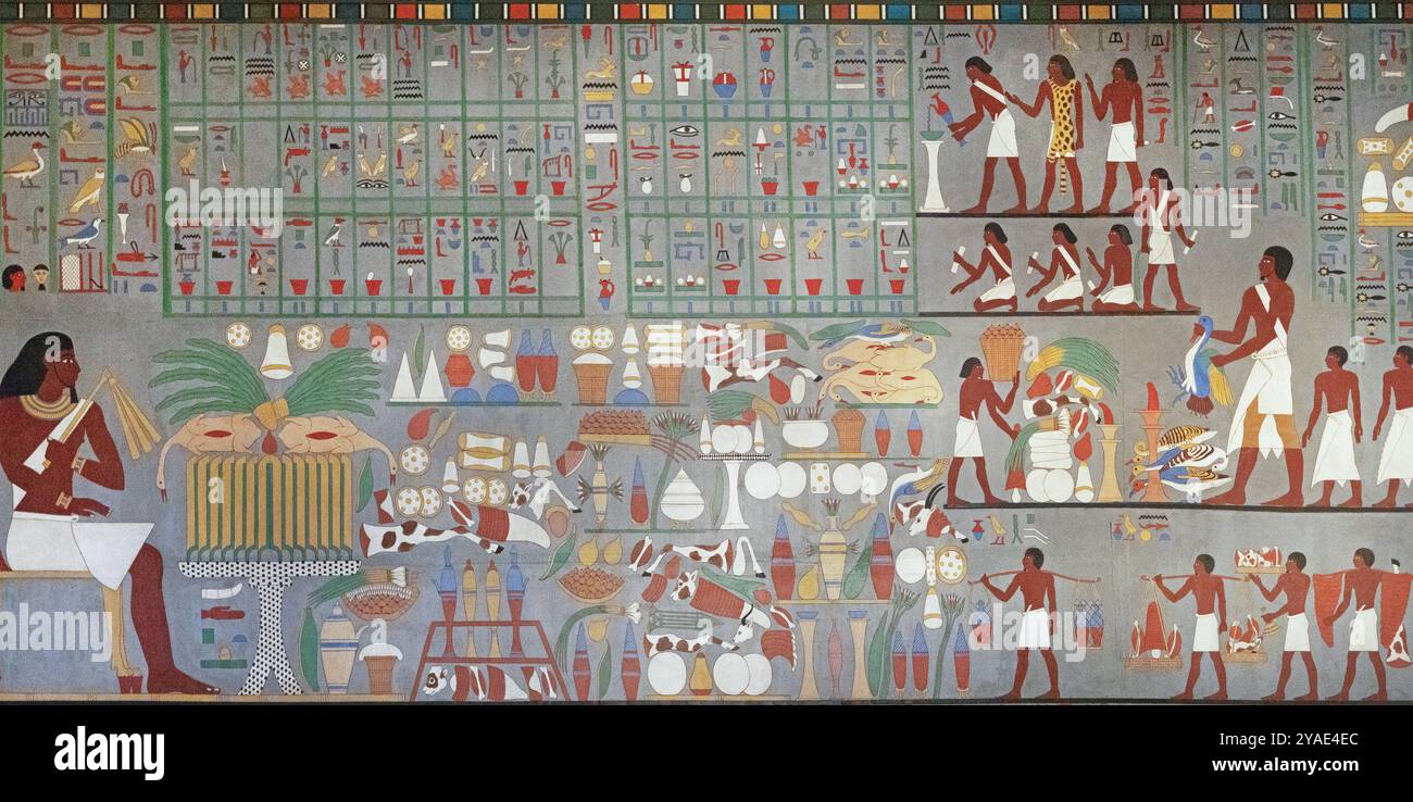 Wien, Österreich - 26. April 2024: Aufwändige Reproduktion eines komplexen ägyptischen Gemäldes im Kunsthistorischen Museum Stockfoto