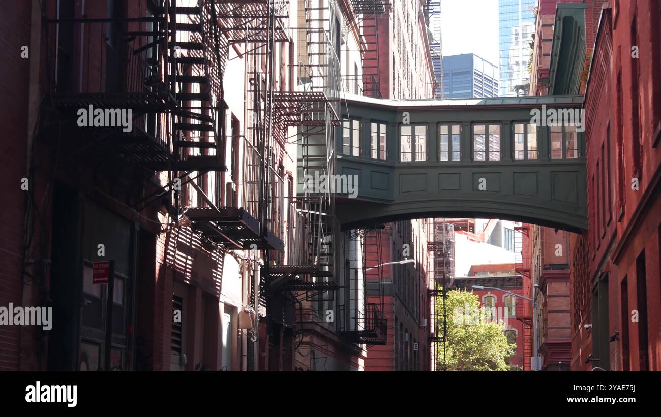 New York City Staple Street Skybridge. Alte Retro-Industriebauweise, rotes Backsteingebäude. Amerikanische alte, historische cooper erhöhte Himmelbrücke Manhattan Wahrzeichen, USA. Fluchtleiter. Stockfoto