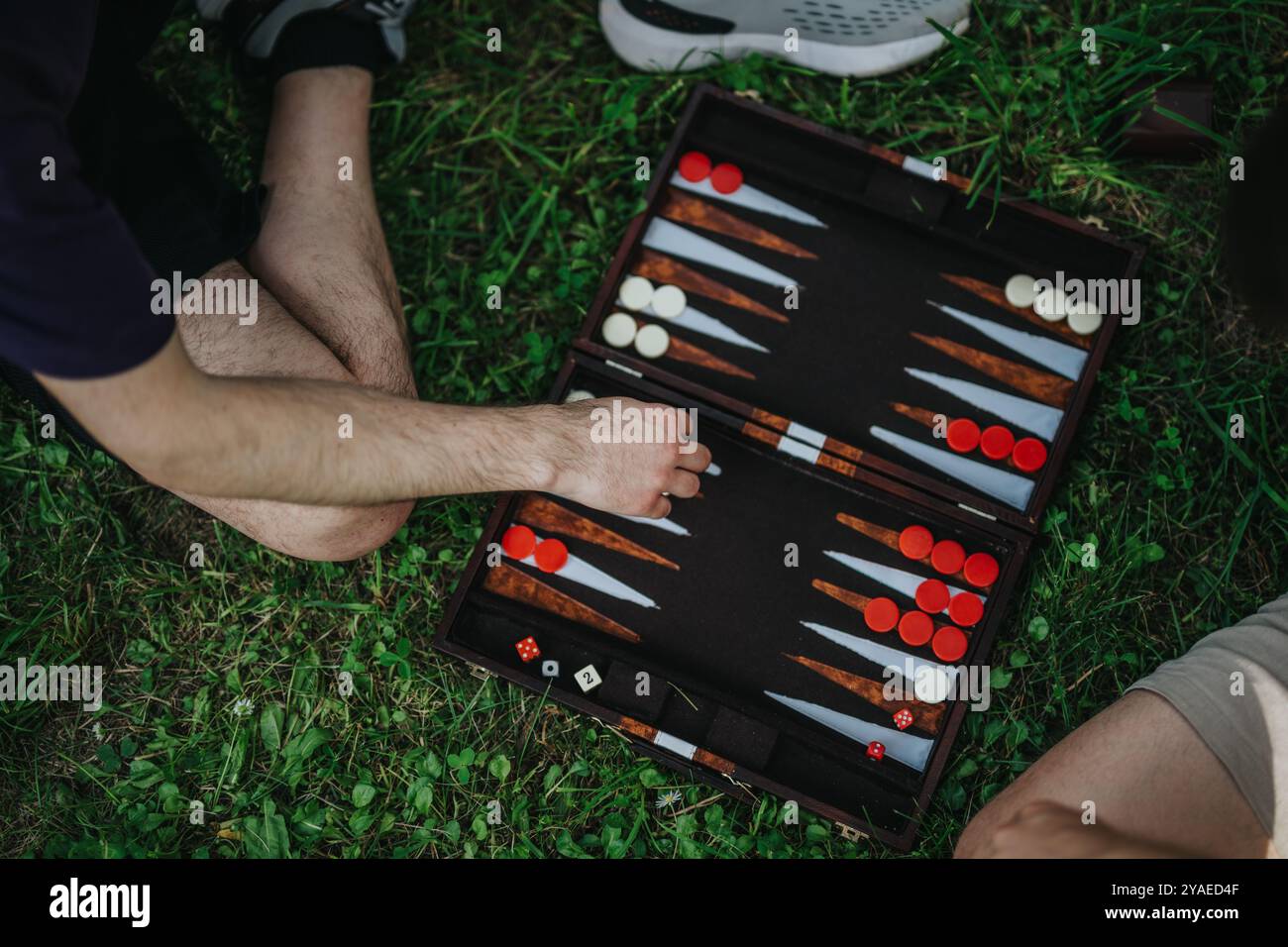 Freunde spielen Backgammon im Freien an einem sonnigen Tag im Park Stockfoto