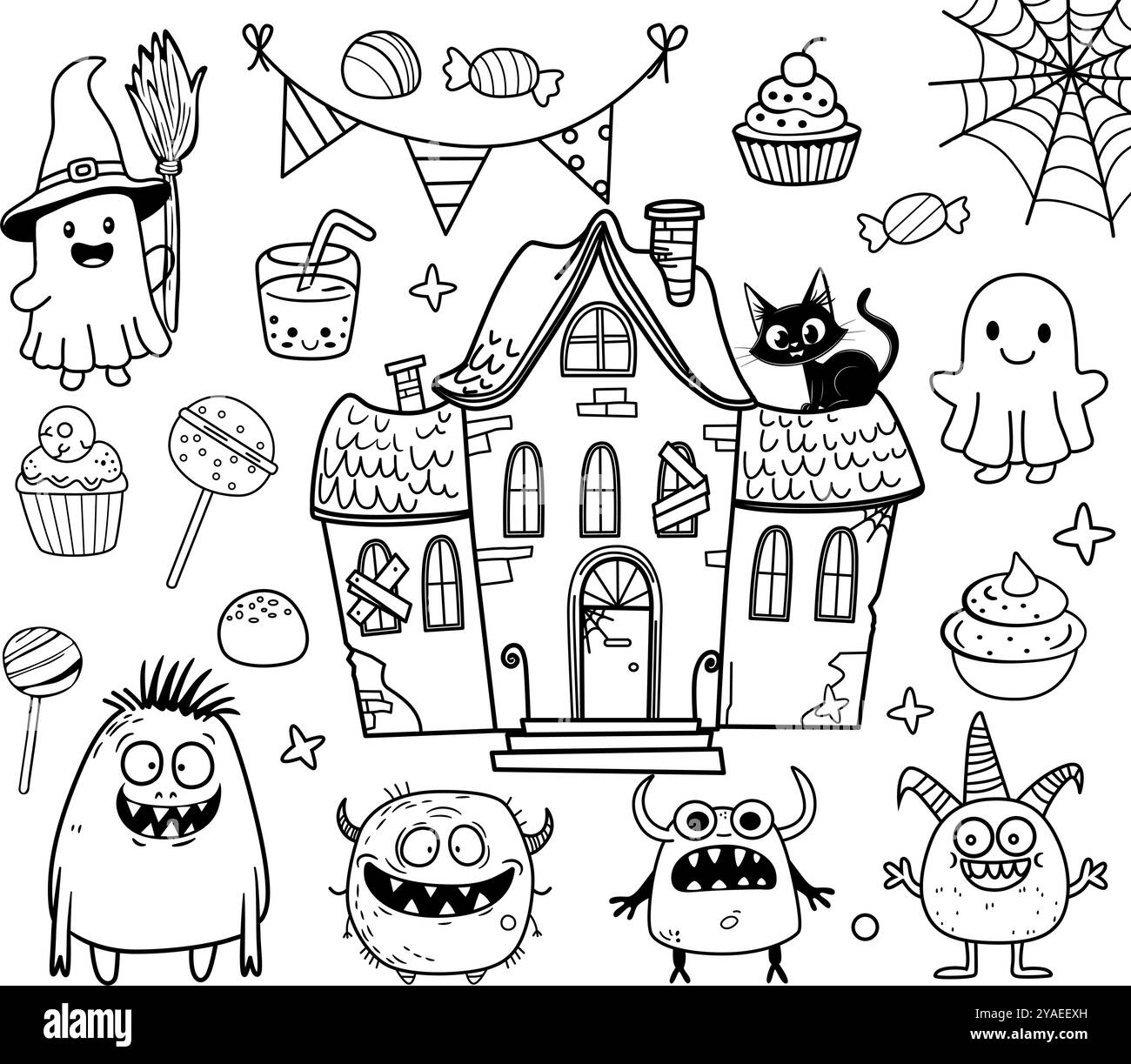 Happy Halloween Aufkleber Set mit Spukhaus, Geistern, süßen Monstern, schwarzer Katze, Süßigkeiten, Partyflaggen, Süßigkeiten und Dekorationselemente. Mystischer Zauberclip A Stock Vektor