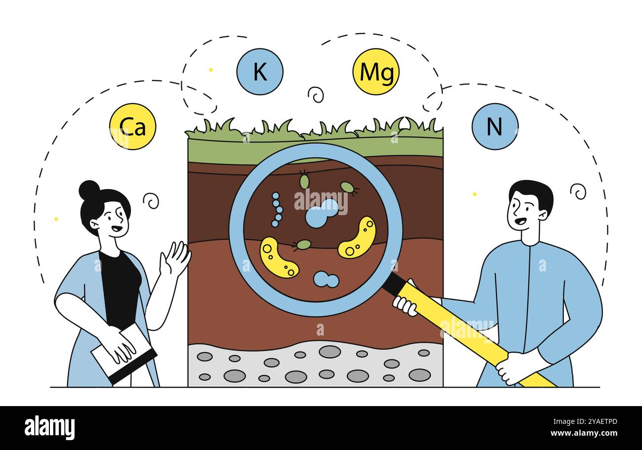 Bodenfruchtbarkeitsforschung. Frau und Mann mit Lupe analysieren den Boden. Chemie und Befruchtung. Landwirtschaftliche Experimente und Forschung. Linear Stock Vektor