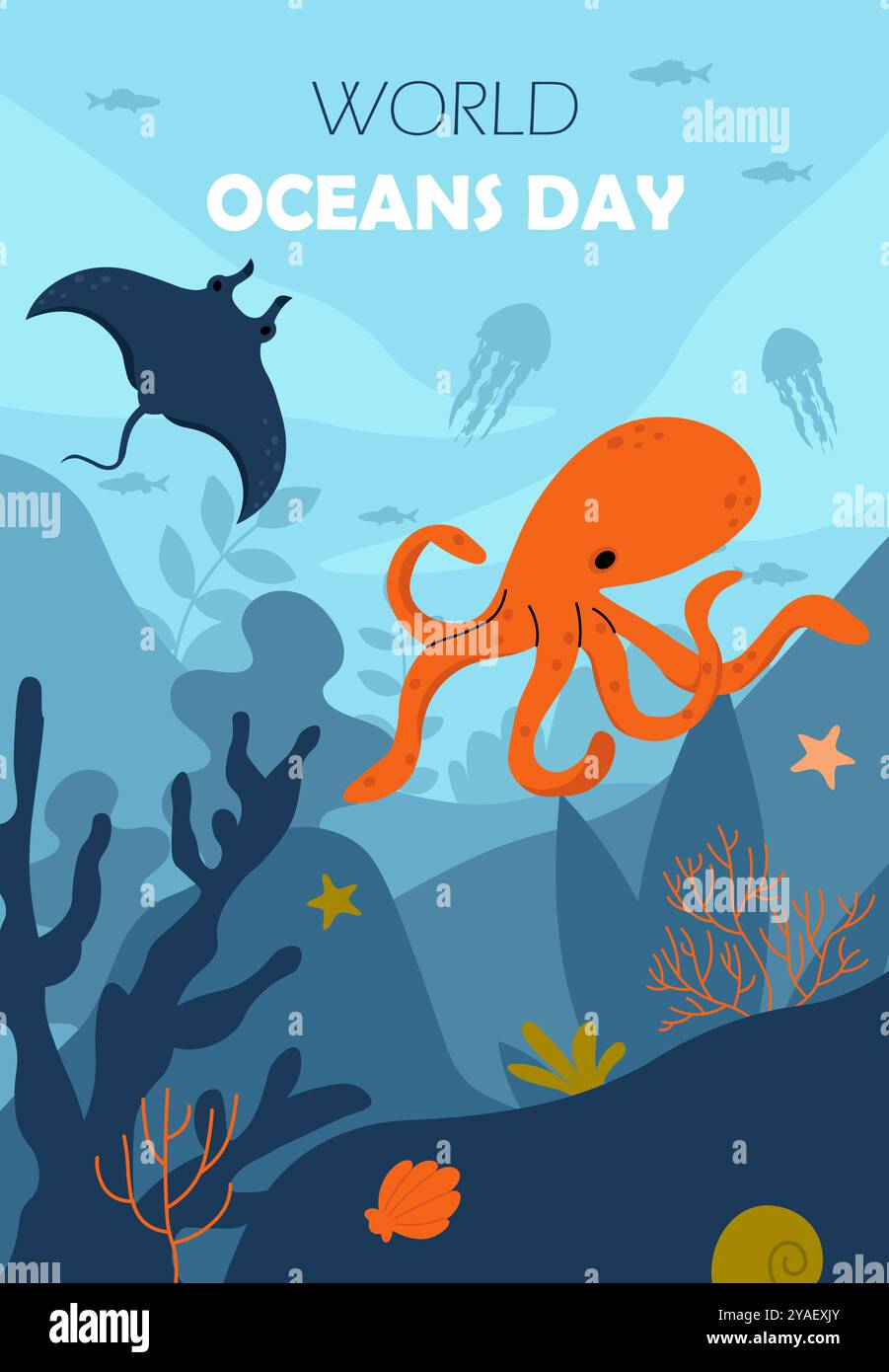Weltmeertag-Poster. Oktopus und Stachelrochen. Unterwasser und Leben. Biologie und Zoologie. Internationaler Feiertag und Festival 8. Juni. Poster, Abdeckung Stock Vektor