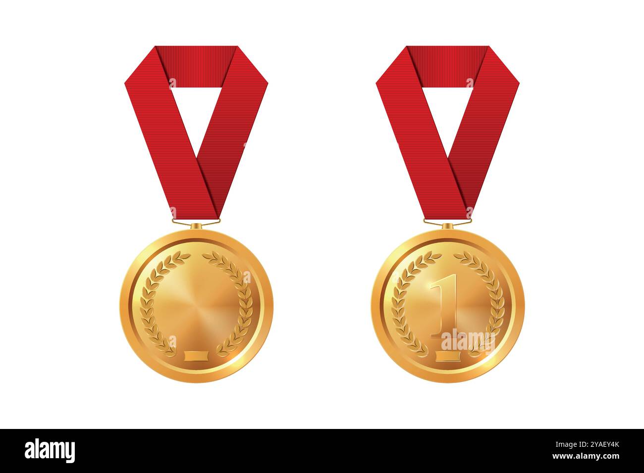 Vector Gold Award Medaille Symbol Set mit Farbbändern Nahaufnahme isoliert. Goldene erste-Platz-Medaille und leere Medaille. Sportturnier Siegeskonzept Stock Vektor