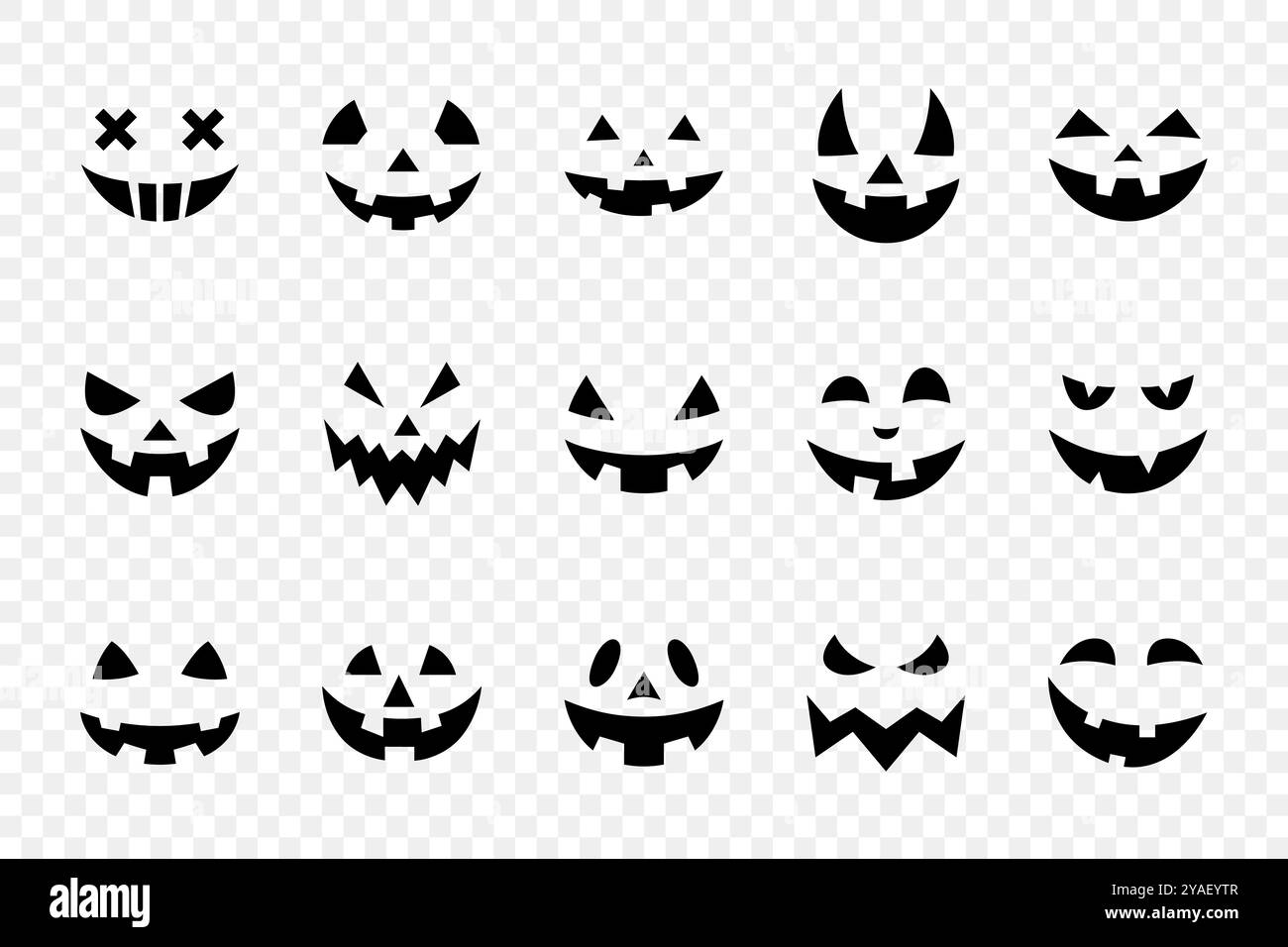 Jack-o-Lantern Gesichter Kollektion für Halloween Kürbis Schnitzereien, Schwarze Silhouette Kürbis Gesichter. Jack-o-Lantern-Design, Halloween-Gesichts-Symbol-Set. Jack-o Stock Vektor