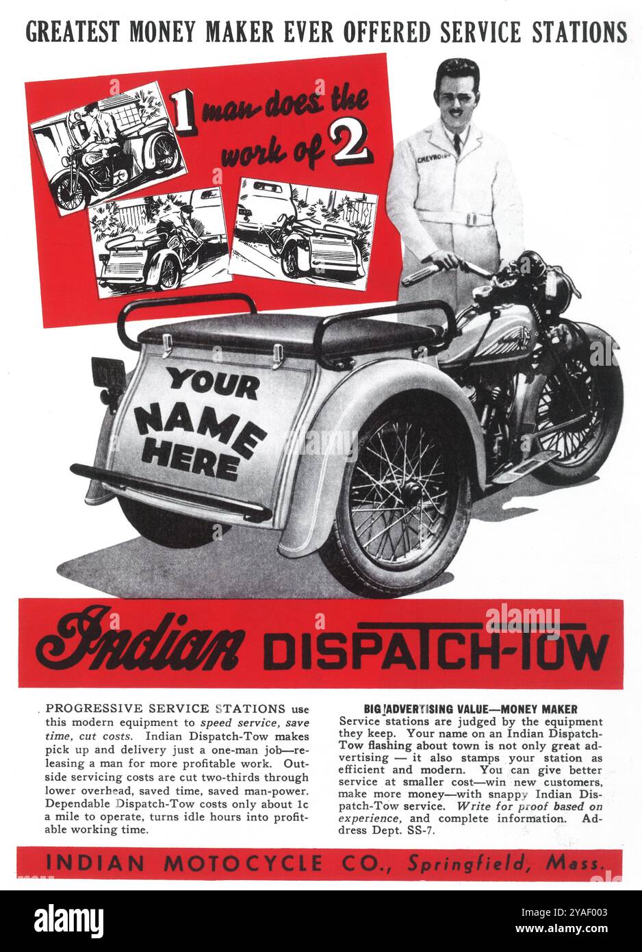 1937 Die Indische Motorradwerbung – Dispatch-Tow Service Station Stockfoto