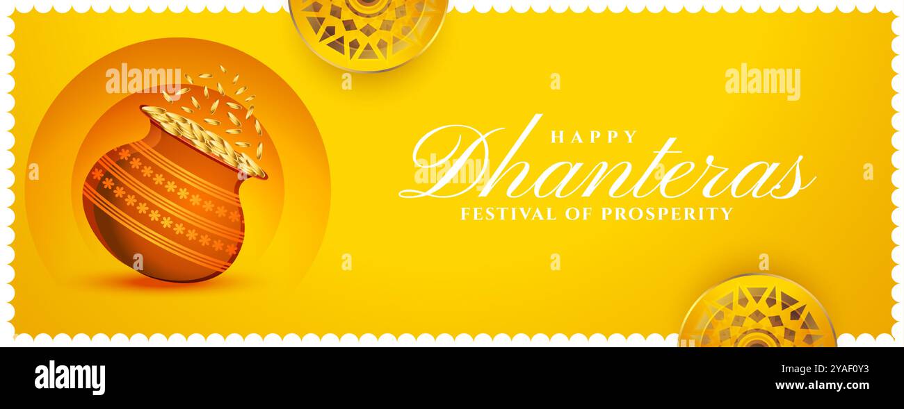 Schöne glückliche Dhanteras traditionelle Banner mit goldenem Topfdesign Vektor Stock Vektor