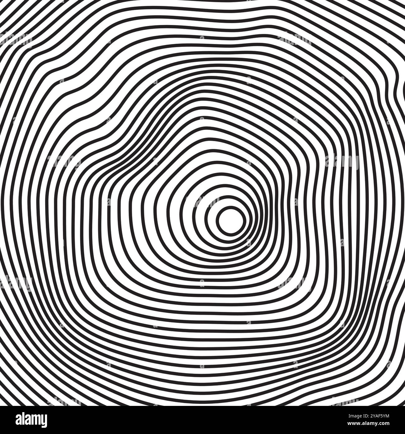 Topo-Karte oder Holzringe Textur. Psychedelische Muster mit verzerrten schwarz-weißen konzentrischen Kreisen. Hypnotisch grooviger Hintergrund. Moderne Abstraktion Stock Vektor
