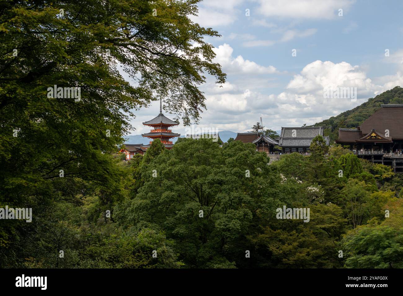 Wunderschöner Blick auf Kyoto's traditionelle Pagode und Tempel, umgeben von üppigem Grün und Bergen. Eine ruhige Mischung aus Natur und dem alten japanischen Bogen Stockfoto