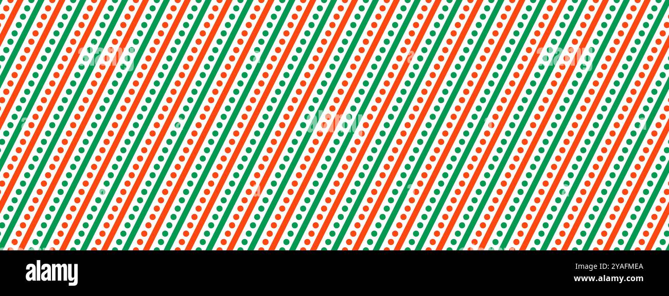 Nahtloses Weihnachtsmuster. Roter und grüner diagonaler gerader gepunkteter Streifenhintergrund. Tapete mit Zuckerrohr und wiederholtem Dekor. Weihnachtsmotiv mit Pfefferminze und Geschenkpapier. Vektor Winter Urlaub Geschenk Hintergrund Stock Vektor
