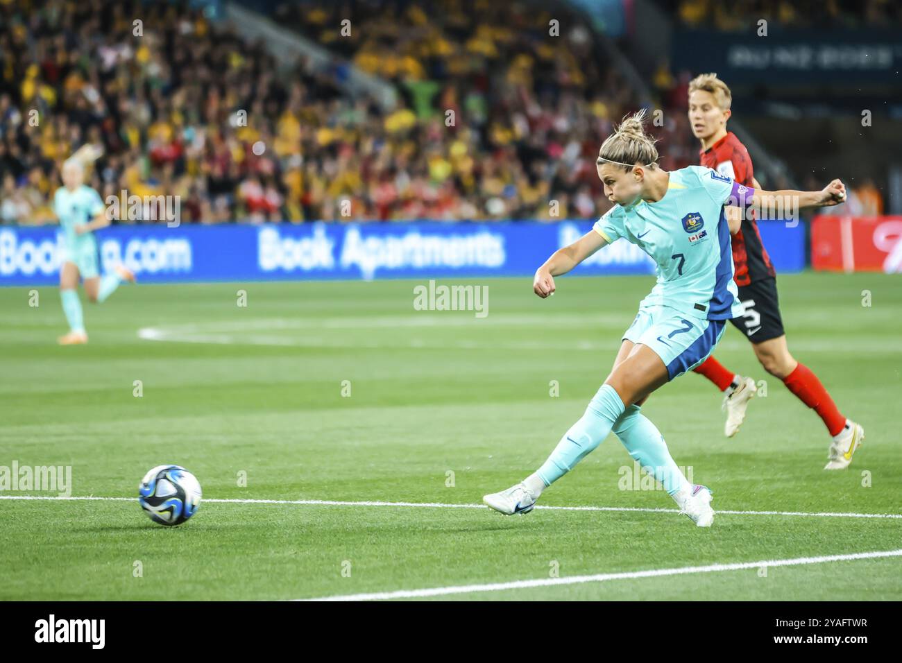 MELBOURNE, AUSTRALIEN, JULI 31: Steph CATLEY aus Australien spielt Kanada bei der FIFA Frauen-Weltmeisterschaft Australien Neuseeland Stockfoto