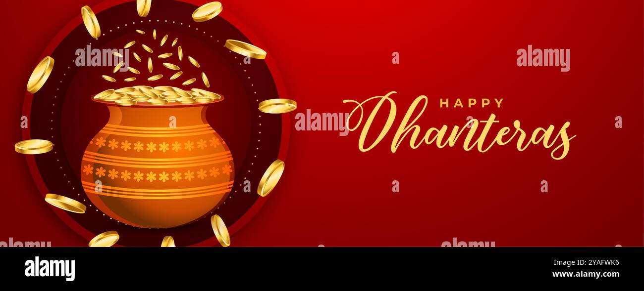 Schöne glückliche Dhanteras goldene Münzbanner für Wohlstand und Wohlstand Vektor Stock Vektor